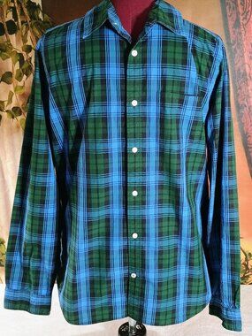 ECU Gap Sz Large Blue & Green Plaid "Lived-In" Cotton Button Down Shirt